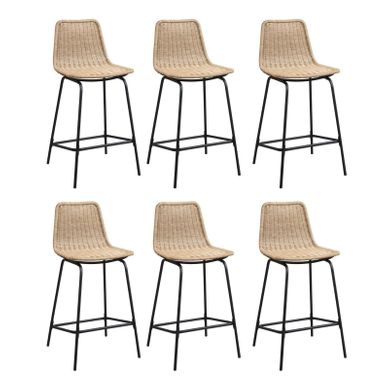 Lot De 6 Tabourets D'ilot Et Bar Bali En Métal Et Assise En Rotin 65cm Beige