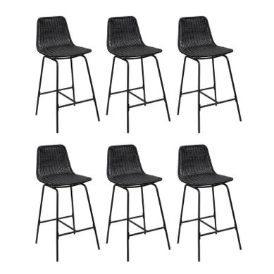 Lot De 6 Tabourets De Bar Et D'ilot Kuta En Métal Avec Assise En Rotin 65cm Noir