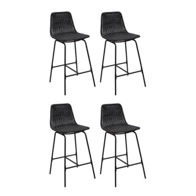 Lot De 4 Tabourets De Bar Et D'ilot Kuta En Métal Avec Assise En Rotin 65cm Noir