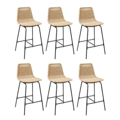 Lot De 6 Tabourets De Bar Et D'ilot Kuta En Métal Avec Assise En Rotin 65cm Beige