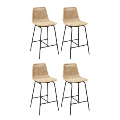 Lot De 4 Tabourets De Bar Et D'ilot Kuta En Métal Avec Assise En Rotin 65cm Beige
