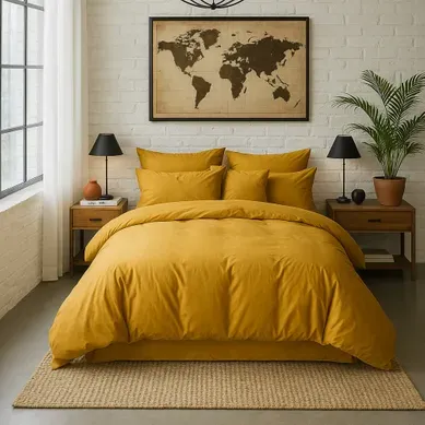 Housse De Couette 240x260 Cm Percale De Coton Lavé Jaune Moutarde Housse De Couette 240x260 Cm Percale De Coton Lavé Jaune Moutarde