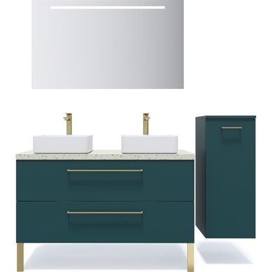 Ensemble Salle De Bain 2 Vasques Posées 120cm 2 Tiroirs Bleu + Miroir + Colonne Droite - Glasgow