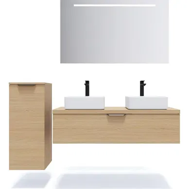 Ensemble Salle De Bain 2 Vasques Posées 120cm 1 Tiroir Chêne + Miroir + Colonne Gauche - Venice