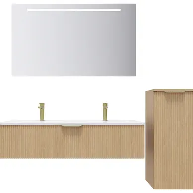 Ensemble Salle De Bain Double Vasque 120cm 1 Tiroir Cannelé + Miroir + Colonne Droite - Venice
