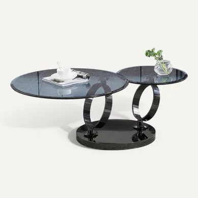Table Basse Double Plateau Rotatif Verre Fumé Structure Métal Noir D. 80 Cm