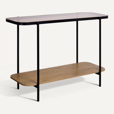 Console Vintage En Métal Noir Avec 2 Plateaux (verre Et Décor Bois). Bords Arrondis Console Vintage En Métal Noir Avec 2 Plateaux (verre Et Décor Bois). Bords Arrondis
