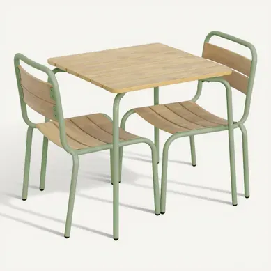 Table De Jardin Enfant Acier Et Décor Bois + 2 Assises Vert De Gris - Suzie Table De Jardin Enfant Acier Et Décor Bois + 2 Assises Vert De Gris - Suzie