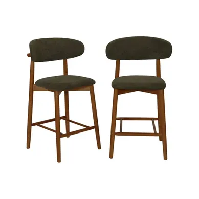 Lot De 2 Tabourets De Bar En Bois D'hévéa Noyer Et Tissu Chenille Kaki - Paola