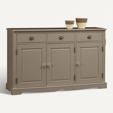 Buffet Taupe Style Anglais 3 Portes 3 Tiroirs 4 Niches L 146.6 H 89.6 P 42.5 Cm