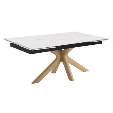 Table Extensible 180 À 260 Cm En Céramique Blanc Marbré Pied Croisé Bois Clair - Nevada 12 Table Extensible 180 À 260 Cm En Céramique Blanc Marbré Pied Croisé Bois Clair - Nevada 12