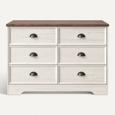 Valla - Commode 6 Tiroirs Blanc Et Bois 120cm Valla - Commode 6 Tiroirs Blanc Et Bois 120cm