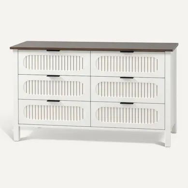 Brix - Commode 6 Tiroirs Blanc Rainuré Et Bois 120cm Brix - Commode 6 Tiroirs Blanc Rainuré Et Bois 120cm