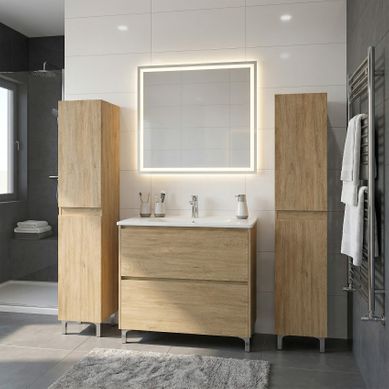 Ensemble Meuble Vasque L.100cm + 2 Colonnes Sur Pied 2 Tiroirs Chêne Naturel Lisbona