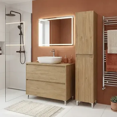 Ensemble Meuble Vasque à Poser L.100cm + 1 Colonne Sur Pied 2 Tiroirs Chêne Naturel Lisbona