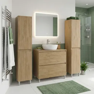 Ensemble Meuble Vasque à Poser L.100cm + 2 Colonnes Sur Pied 2 Tiroirs Chêne Naturel Lisbona