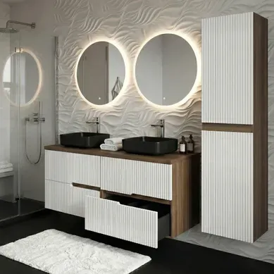Meuble Double Vasque à Poser L. 120 Cm + 1 Colonne Chêne Moka 4 Tiroirs Blanc Brillant Cannelé Eva