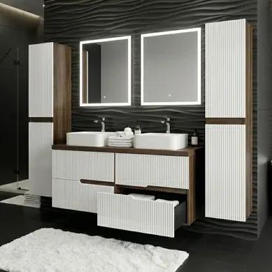Meuble Double Vasque à Poser L. 120 Cm + 2 Colonnes Chêne Moka 4 Tiroirs Blanc Brillant Cannelé Eva
