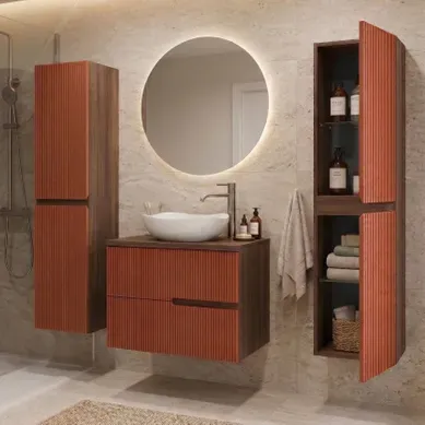 Meuble Vasque à Poser L.60cm + 2 Colonnes Suspendu Chêne Moka 2 Tiroirs Brique Cannelé Eva