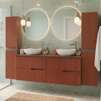 Meuble Double Vasque à Poser L. 120 Cm + 2 Colonnes Chêne Moka 4 Tiroirs Brique Cannelé Eva