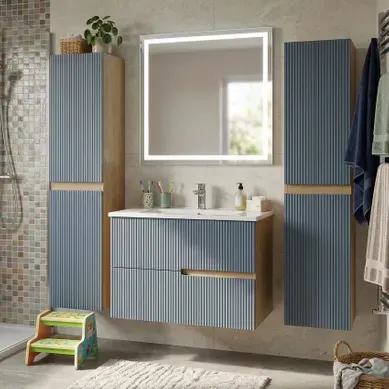 Meuble Simple Vasque L.80cm + 2 Colonnes à Suspendre Chêne Naturel 2 Tiroirs Bleu Mer Cannelé Eva