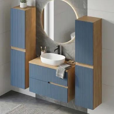 Meuble Vasque à Poser L.80cm + 2 Colonnes Suspendu Chêne Naturel 2 Tiroirs Bleu Mer Cannelé Eva