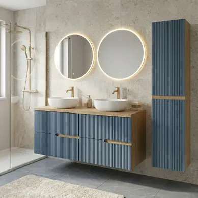 Meuble Double Vasque à Poser L. 120 Cm + 1 Colonne Chêne Naturel 4 Tiroirs Bleu Mer Cannelé Eva