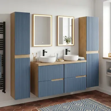 Meuble Double Vasque à Poser L. 120 Cm + 2 Colonnes Chêne Naturel 4 Tiroirs Bleu Mer Cannelé Eva