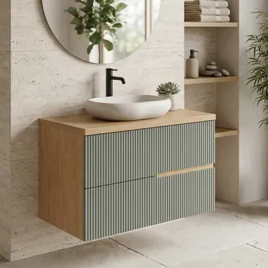 Meuble Vasque à Poser L.80cm Suspendu Chêne Naturel 2 Tiroirs Vert Sauge Cannelé Eva - Sans Colonne