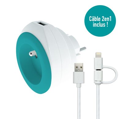 Prise Bewatt + Chargeur USB Turquoise - Watt And Co