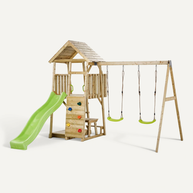 Aire De Jeux Portique En Bois Woodi - 2 Balançoires, 1 Toboggan, Mur D'escalade ...