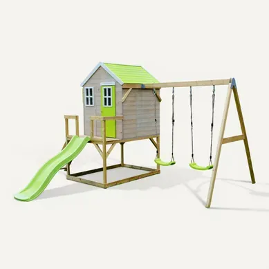 Maisonnette Enfant Extérieur En Bois Tinni Avec Plateforme, Toboggan Et Double Balançoire Maisonnette Enfant Extérieur En Bois Tinni Avec Plateforme, Toboggan Et Double Balançoire