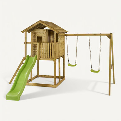 Aire De Jeux Bois - Balançoires, Toboggan, Cabane Et Balcon Wapiti