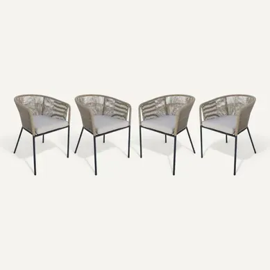 Lot De 4 Fauteuils De Jardin En Corde Beige Et Acier Galvanisé. Coussin Beige