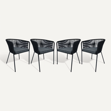 Lot De 4 Fauteuils De Jardin En Corde Noire Et Acier Galvanisé. Coussin Gris