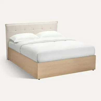 Lit coffre 140x190 cm avec MELLO imitation chêne et tissu beige vue 3/4