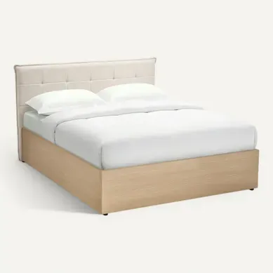 Lit coffre 160x200 cm avec MELLO imitation chêne et tissu beige Lit coffre 160x200 cm avec MELLO imitation chêne et tissu beige vue 3/4