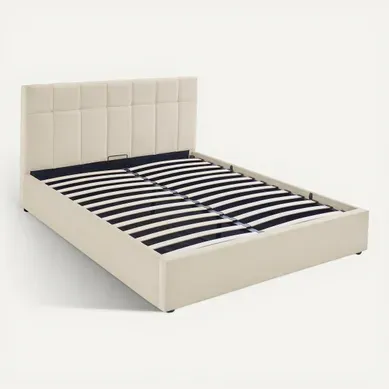 Lit coffre 140x190 cm velours beige clair PAULINE vue 3/4