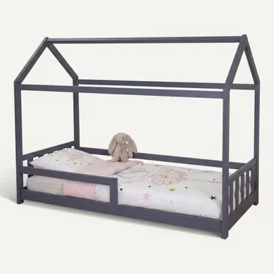 Lit cabane 90x190 cm HUTTY gris avec sommier inclus Lit cabane 90x190 cm HUTTY gris avec sommier inclus vue 3/4