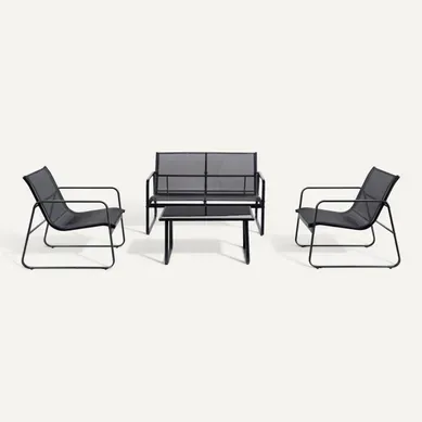 Sintra - Salon De Jardin Avec Canapé, Fauteuils Et Table Basse Rectangulaire Noir En Acier