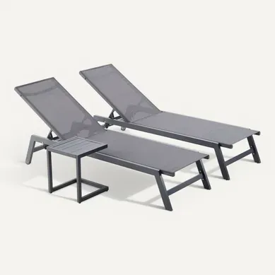 Prato - Lot De 2 Bains De Soleil En Aluminium Avec Table D'appoint Gris Et Noir