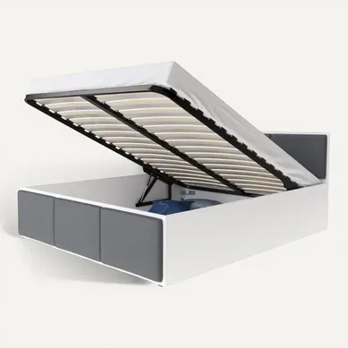 Lit Coffre 120 X 200 Cm Panama T - Coffre De 670 L - Sommier Inclus - Blanc - Gris Foncé