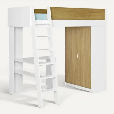 Lit Mezzanine Combiné Memphis   Blanc Et Bois 90x190 Cm