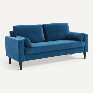 Canapé En Velours Bleu - Bjorn - Canapé 3 Places Fixe Droit Pieds Bois. Style Scandinave