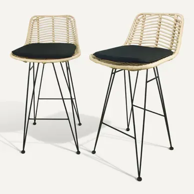Lot De 2 Tabourets De Bar 67cm. Métal Et Rotin. Assise Noire - Cahya