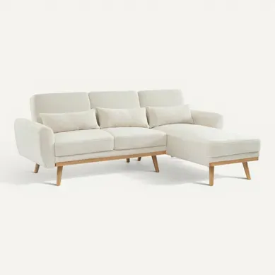 Canapé D'angle Convertible Réversible 3 Places. Tissu Bouclettes Crème. Pieds Bois Canapé D'angle Convertible Réversible 3 Places. Tissu Bouclettes Crème. Pieds Bois