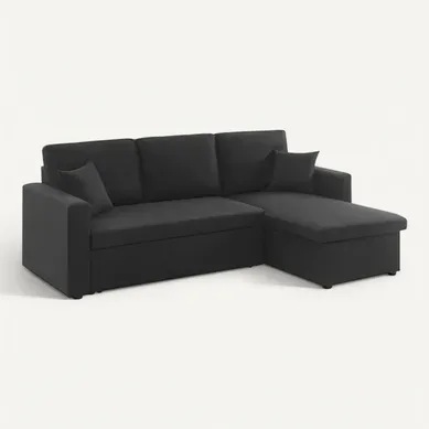 Canapé D'angle Convertible En Tissu Noir - Ida - 3 Places. Fauteuil D'angle Réversible Coffre Canapé D'angle Convertible En Tissu Noir - Ida - 3 Places. Fauteuil D'angle Réversible Coffre