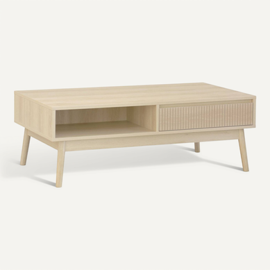 Table Basse Couleur Naturelle. Linear. Décor Bois Rainuré.  Pieds Compas. 2 Niches. 1 Tiroir.  L