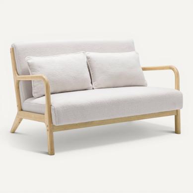 Banquette 2 Places Scandinave En Bois Et Tissu Bouclette. Lorens. L 124 X P 83 X H 77cm Banquette 2 Places Scandinave En Bois Et Tissu Bouclette. Lorens. L 124 X P 83 X H 77cm