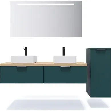 Ensemble Salle De Bain 2 Vasques Posées 140cm 2 Tiroirs Bleu + Miroir + Colonne Droite - Soho